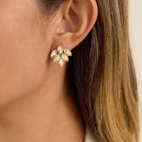 Fashion Stainless Steel Rhinestone Leaf Stud Earrings For Women High End Gold Plated Botanical Jewelry Gift No Customization