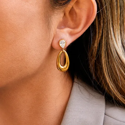 Edelstahl Strass Wassertropfen Hängeohrringe Für Damen Vergoldet Hohl Oval Geometrisch Tropfen Ohrringe Schmuck