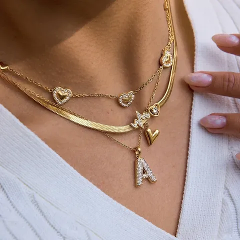 Stainless Steel Gold Plated Rhinestone Heart Letter A Pendant Necklace For Women Waterproof Hypoallergenic Fashion Jewelry