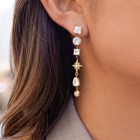 Luxury Stainless Steel Zirconia Long Tassel Earrings For Women Geometric Star Water Drop Dangle Earrings Gold Plated Jewelry