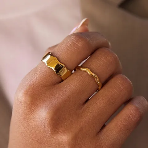 Stainless Steel 18K Gold Plated Wave Ring Irregular Minimalist Stackable Wide And Thin Band Rings For Women Fashion Jewelry