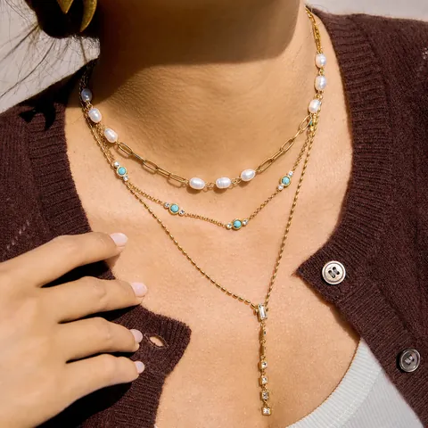 Edelstahl Süßwasserperle Halskette Strass Vergoldet Geometrische Mehrlagige Anhänger Kette Für Damen Mode Schmuck