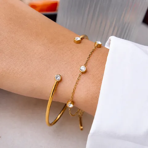 Mode Roestvrij Staal Strass Armband Armring Set Luxe Open C-Vormige Manchet Rond Kristal Ketting Armband Sieraden Voor Dames