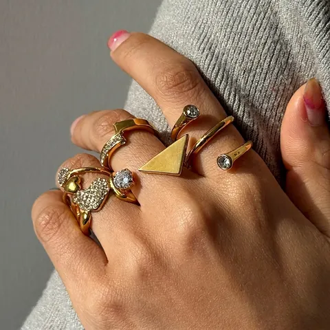 Luxury Stainless Steel Ring For Women 18K Gold Plated Zirconia Heart Triangle Geometric Fashion Jewelry Waterproof Finger Ring