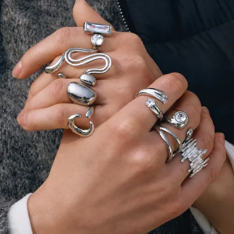 Minimalist Stainless Steel Open Ring For Women Silver Plated Irregular Geometric Zirconia Adjustable Fashion Finger Ring