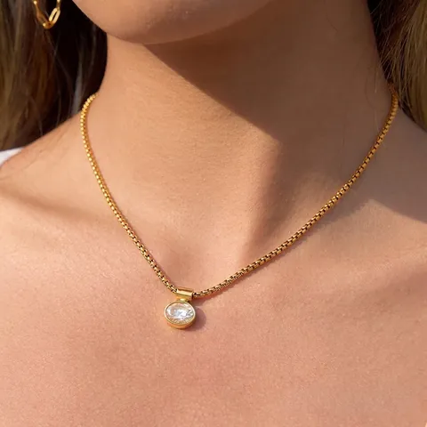 Elegant Gold Plated Stainless Steel Zirconia Round Pendant Necklace For Women Waterproof Hypoallergenic Moon Star Charm Jewelry