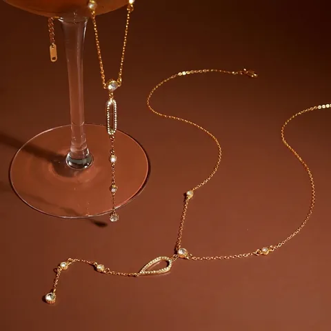 Stainless Steel Y Necklace 18K Gold Plated Zirconia Waterdrop Tassel Lariat Long Sweater Chain For Women Jewelry