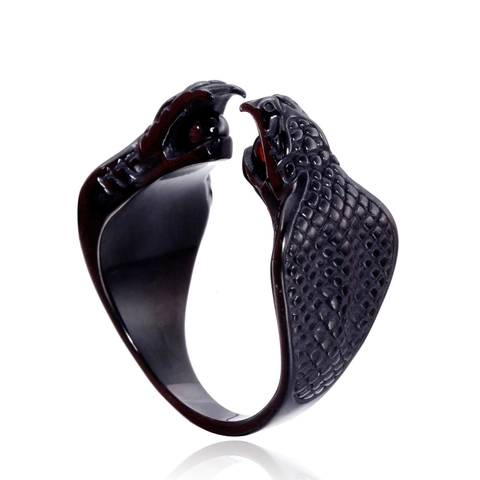 Titanstahl Doppelkopf Schlange Offener Ring Für Herren Gothik Punk Vintage Strass Kobra Schuppentextur Schmuck Statement Ring