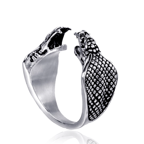 Vintage Stainless Steel Double Head Snake Open Ring For Men Women Gothic Punk Engraved Scales Rhinestone Finger Ring Gift