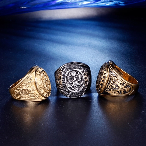 Men Vintage Stainless Steel US Army Badge Ring Hip Hop Punk Eagle Signet Ring Gold Silver Black Military Jewelry Finger Ring