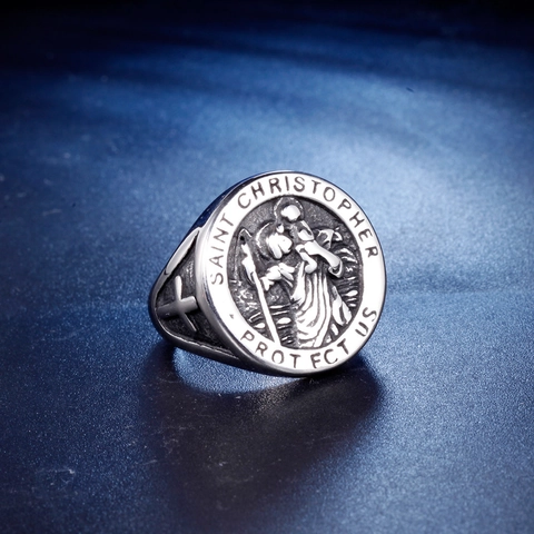 Saint Christopher Protect Us Stainless Steel Signet Ring Vintage Religious Christian Patron Saint Medal Ring For Men Women