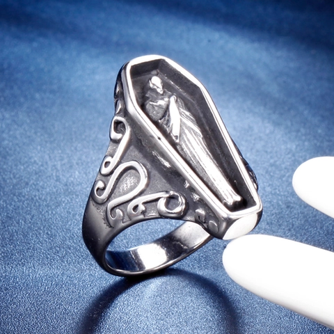 Gothic Stainless Steel Coffin Skull Relief Ring For Men Women Vintage Punk Antiqued Biker Skeleton Ring Fashion Jewelry Gift