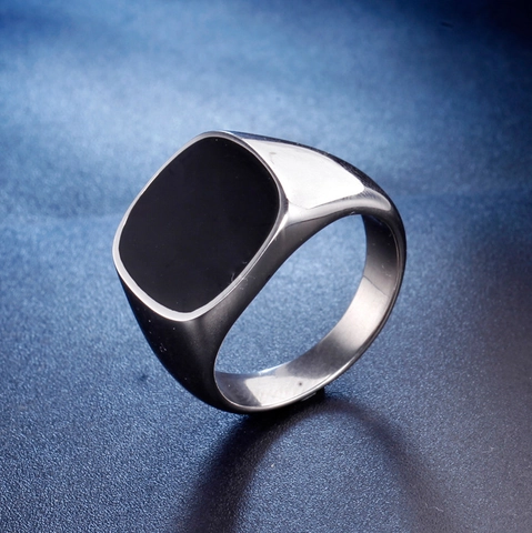 Vintage Stainless Steel Signet Ring Black Square Top Geometric Enamel Polished Hip Hop Punk Finger Jewelry For Men Women