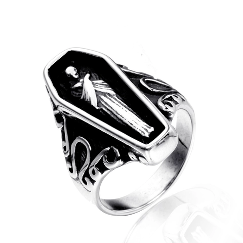 Gothic Stainless Steel Coffin Skull Relief Ring For Men Women Vintage Punk Antiqued Biker Skeleton Ring Fashion Jewelry Gift
