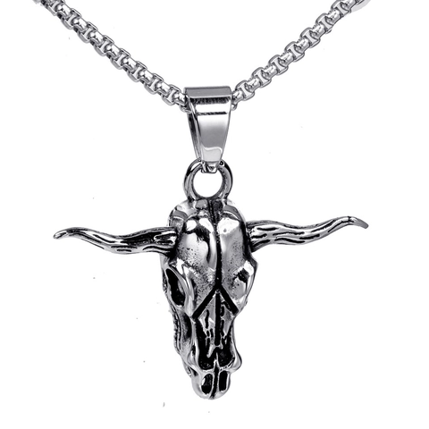 Retro Stainless Steel Bull Head Skull Pendant For Men Vintage Punk Gothic Hip Hop Longhorn Bone Necklace Jewelry Accessory