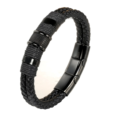 Men's Braided Leather Bracelet With Stainless Steel Magnetic Clasp Black Industrial Punk Style Wristband Jewelry For Men