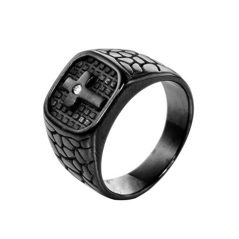 Vintage Stainless Steel Cross Ring For Men Punk Rhinestone Inlaid Signet Ring Gothic Religious Jewelry Gift US Size 7-13