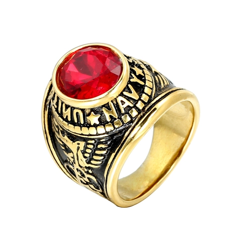 US Navy Military Style Signet Ring Stainless Steel With Colorful Zirconia Eagle Pattern Commemorative Ring For Men Jewelry