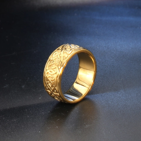 Vintage Nordic Viking Celtic Knot Stainless Steel Ring For Men Women Gold Plated 6mm Wide Band Polished Comfort Fit Jewelry