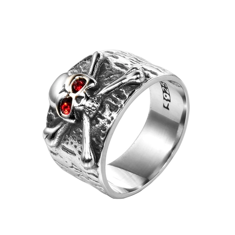 Vintage Heren Punk Schedel Gekruiste Beenderen Titanium Staal Ring Met Rood Blauw Strass Oog Biker Gothic Sieraden