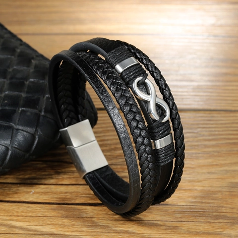Heren Mode Meerlaagse Gevlochten Lederen Armband Met Oneindigheidssymbool Zilveren Metalen Magneetsluiting Vintage Stijlvolle Handsieraden Cadeau