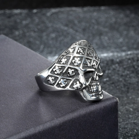 Vintage Men Stainless Steel Skull Ring Gothic Fleur-de-lis Punk Biker Ring Retro Silver Tone Distressed Polished Jewelry Gift