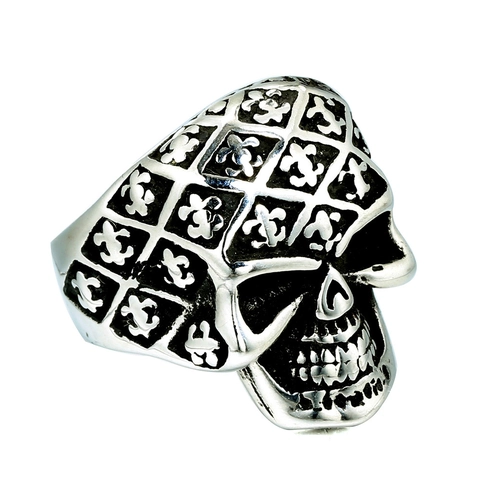 Vintage Men Stainless Steel Skull Ring Gothic Fleur-de-lis Punk Biker Ring Retro Silver Tone Distressed Polished Jewelry Gift