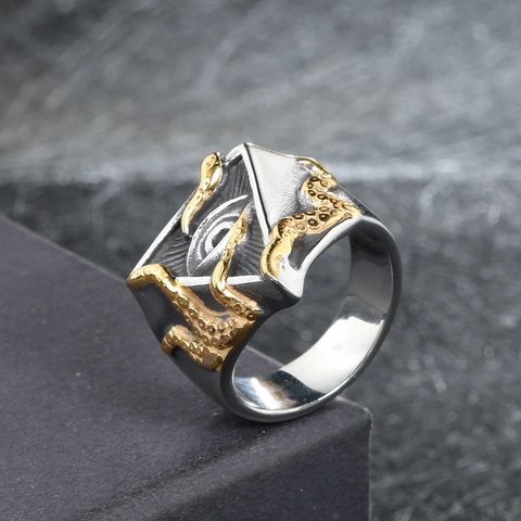 Anillo de Acero Inoxidable Gótico Vintage Ojo de la Providencia Hombre Tentáculos de Pulpo Punk Biker Joyería