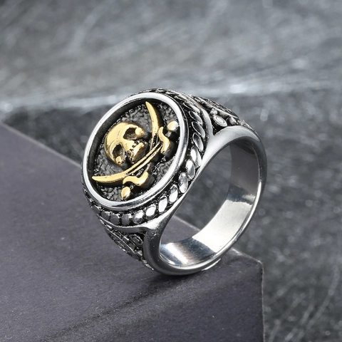 Anello Teschio Pirata in Acciaio Inossidabile Vintage Per Uomo Spade Incrociate In Rilievo Gotico Biker Punk Gioielli Anello