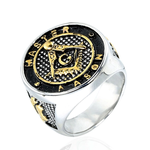 Vintage Stainless Steel Master Mason Ring For Men Retro Freemason Symbol Square And Compasses Gold Silver Signet Jewelry