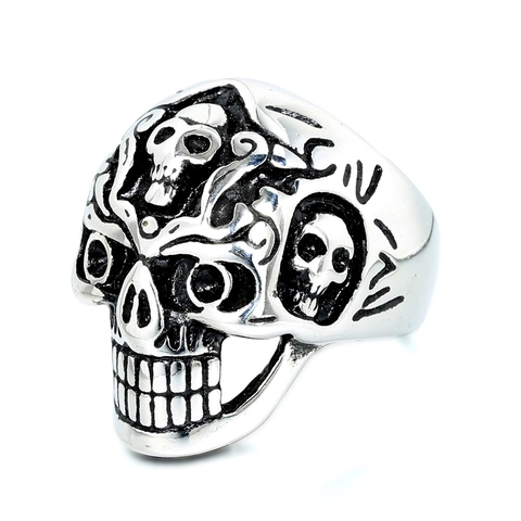 Retro Stainless Steel Skull Ring For Men Gothic Punk Rock Ghost Head Ring Biker Jewelry Silver Gold Black Finger Band