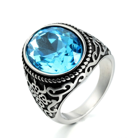 Vintage Stainless Steel Rhinestone Ring For Unisex Large Red Blue Stone Embossed Pattern Statement Finger Ring Jewelry Gift