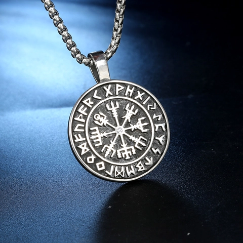 Stainless Steel Viking Vegvisir Compass Rune Pendant Only Without Chain Retro Nordic Rhinestone Jewelry For Men Boys