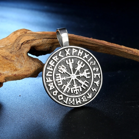 Stainless Steel Viking Vegvisir Compass Rune Pendant Only Without Chain Retro Nordic Rhinestone Jewelry For Men Boys
