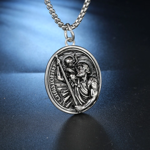 Vintage Sankt Christoph Anhänger Edelstahl Religiöses Amulett Oval Geprägt Silber Gold Ton Schmuck Für Damen Herren