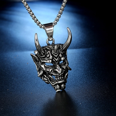 Colgante Solo (Sin Cadena) Máscara Hannya de Acero Inoxidable Vintage Retro Gótico Calavera Fantasma Colgante Collar para Hombres Joyería Punk