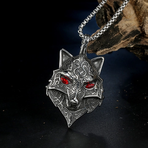 Wikinger Wolfskopf Anhänger Ohne Kette Edelstahl Rote Zirkonia Auge Gothic Tribal Geschnitzt Herren Anhänger Schmuck