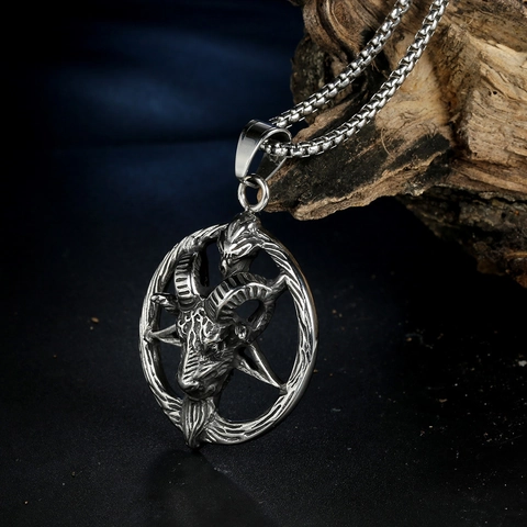 Colgante Vintage de Acero Inoxidable Cabeza de Carnero Baphomet Pentagrama Sin Cadena Gótico Punk Collar Hombre Joyería