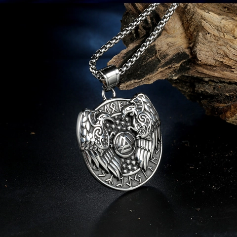 Vintage Stainless Steel Viking Pendant Necklace With Valknut Odin Ravens Norse Mythology Runes Jewelry For Men Women