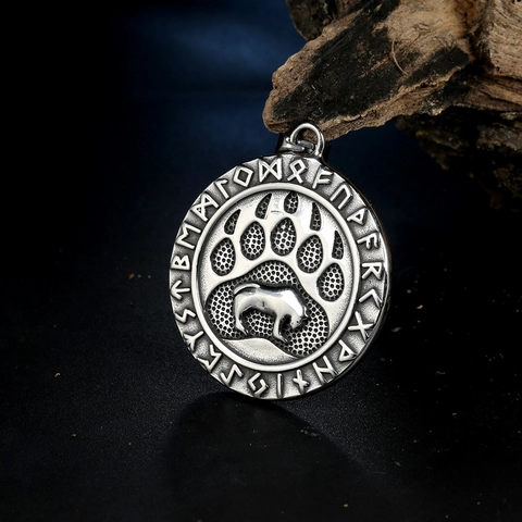 Vintage Viking Rune Bear Claw Round Stainless Steel Pendant Only Without Chain For Men Nordic Mythology Bear Jewelry Accessory