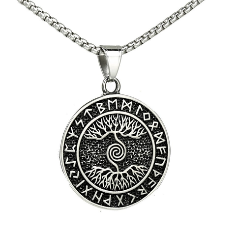 Vintage Viking Tree Of Life Runes Pendant Stainless Steel Round Celtic Compass Amulet Necklace For Men Jewelry Gift