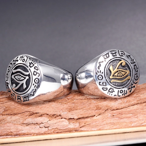 Men's Retro Stainless Steel Eye of Horus Ring Punk Egyptian Mythology Band Ring Embossed Hieroglyphs Jewelry Gift For Him