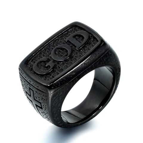 Anillo de Sello GOD de Acero Inoxidable Vintage para Hombre Retro Religioso Cruz Cara Cuadrada Punk Joyería