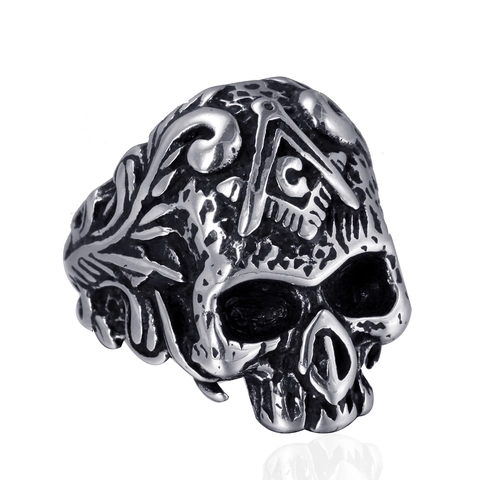 Anillo de Calavera de Acero Inoxidable Vintage Hombre Punk Gótico Símbolo Masónico Joyería Rock Bicolor Oro Plata