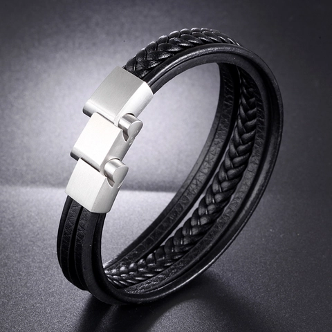 Bracciale in Pelle Intrecciata Multistrato da Uomo Chiusura Magnetica in Acciaio Inossidabile Gioielli Casual alla Moda Maschili