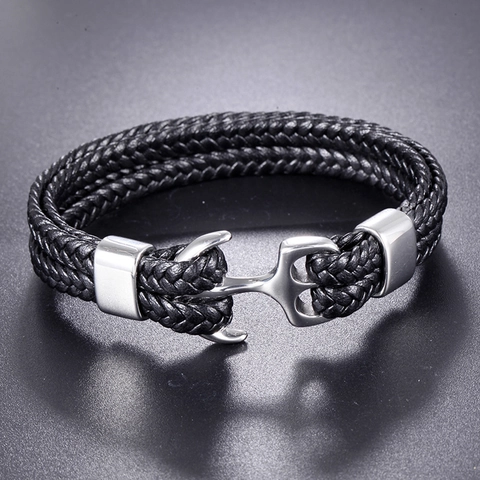 Pulsera de Ancla de Cuero Náutica Vintage para Hombre Acero Inoxidable Tejida Pulsera Wrap Estilo Punk Joyería Regalo