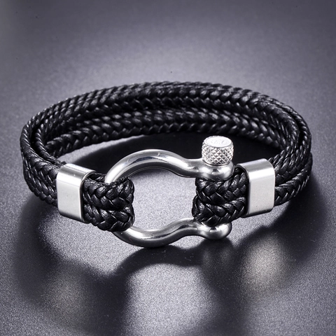 Men's Braided Leather Bracelet Stainless Steel Shackle Buckle Multi-layer Cowhide Nautical Punk Jewelry Bangle