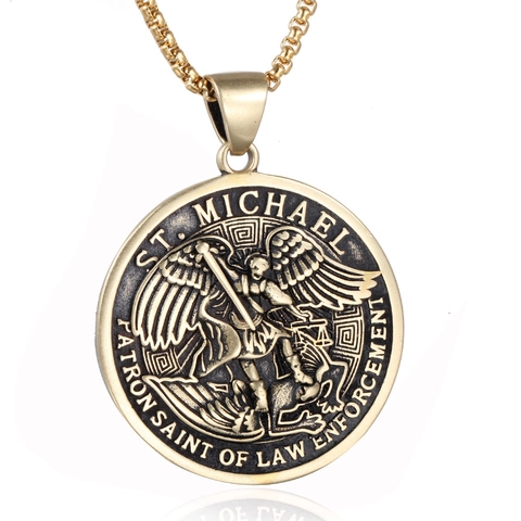 Collar con Colgante Redondo de Arcángel San Miguel de Acero Inoxidable Medallón en Relieve Joyas de Hip Hop