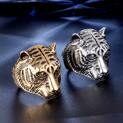 Vintage Tiger Head Ring Stainless Steel Relief Distressed Punk Gothic Hip Hop Couple Ring For Men Women Fashion Jewelry