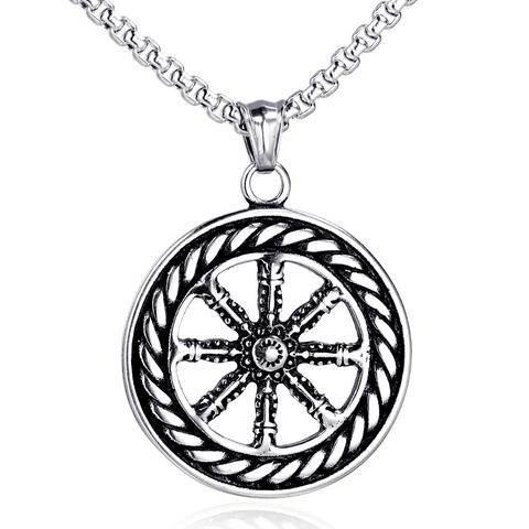 Ciondolo Bussola Ruota del Dharma in Acciaio Inossidabile Vintage per Uomo Donna Argento Retro Timone Nautico Gioielli
